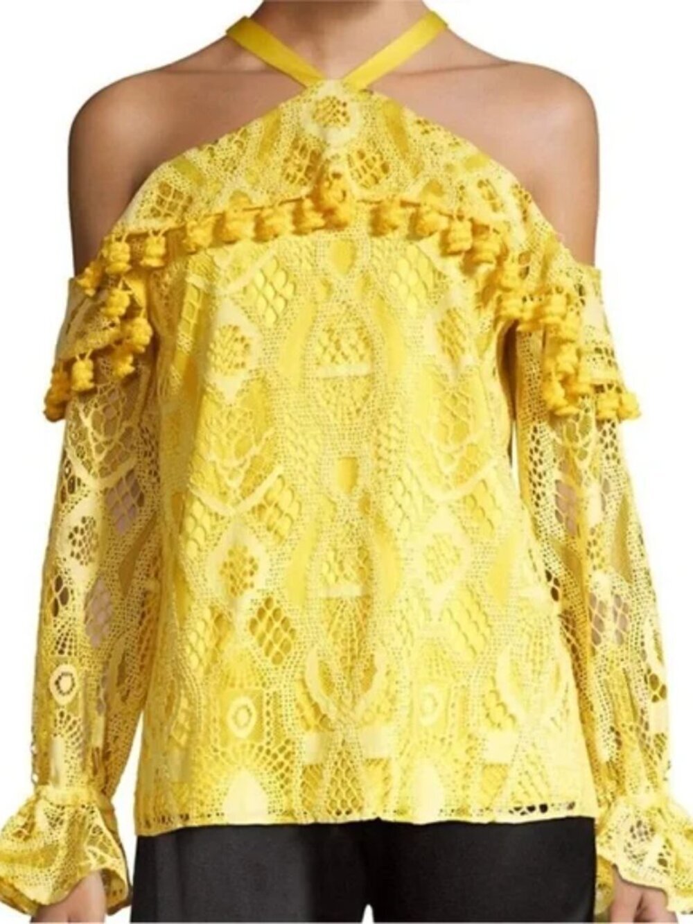 ALEXIS Adriana Yellow Lace Pom Pom Ruffle Cold Shoulder Tie Blouse, Size XS - Picture 2 of 15